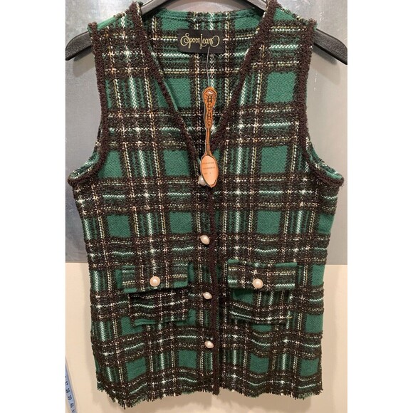 Spoon Jeans Green/Brown/Lurix Plaid Pearl Button Vest Women’s Size L NEW w/Tag - Picture 2 of 16